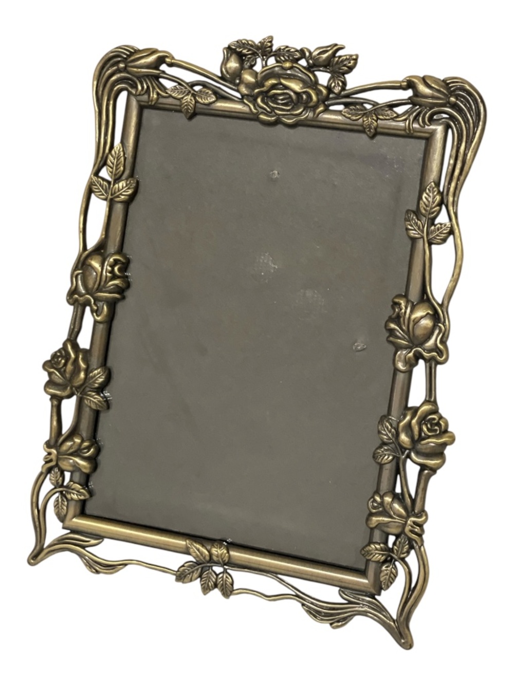 Vintage Art Nouveau Heavy Brass Tone Metal 5x7 Photo Frame | Ornate Rose Vine
